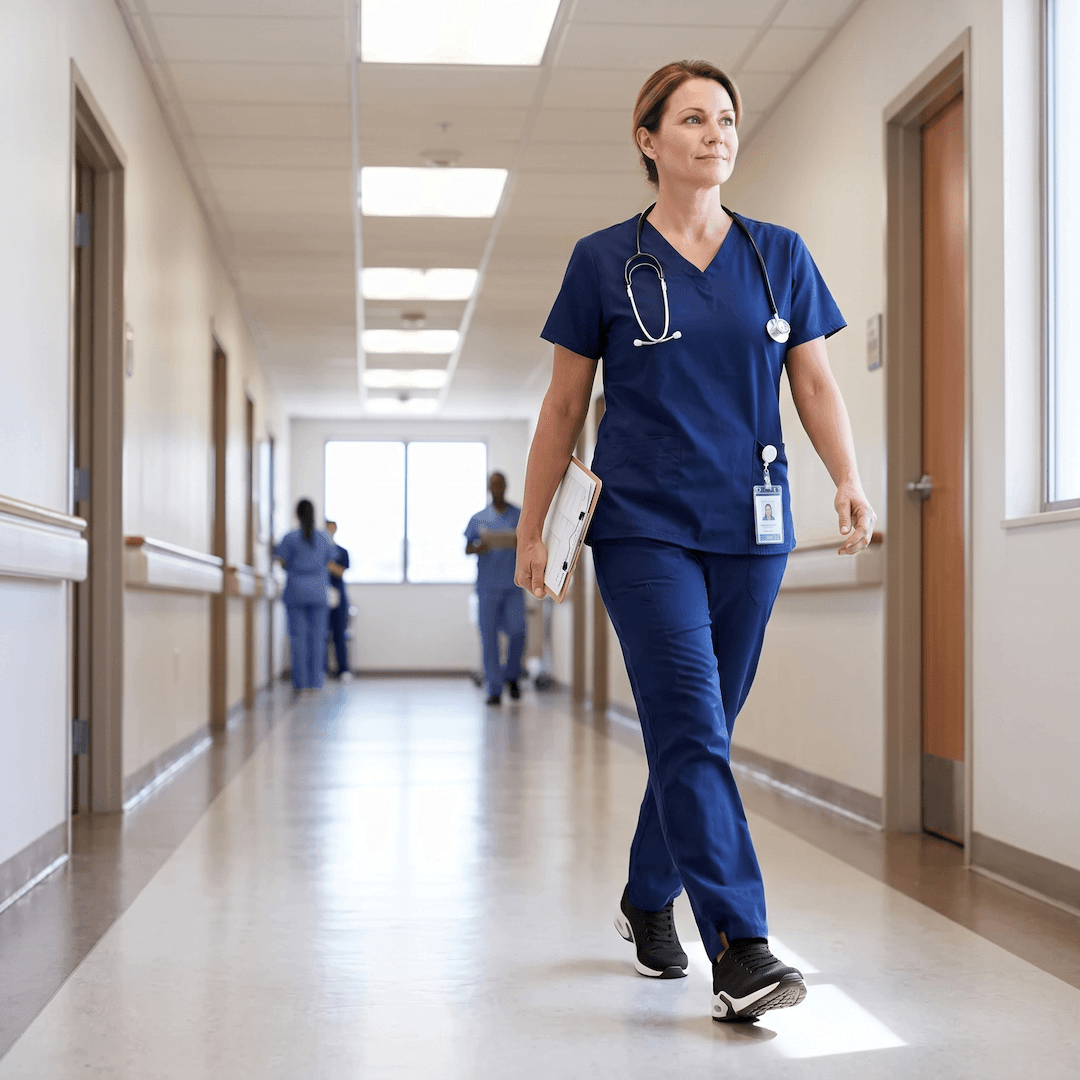 Nurse walking confidently down a hallway with a chart